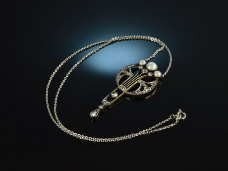 Um 1910! Feinstes Jugendstil Collier Diamanten Perlen Platin Gold 750