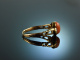 Um 1890! Historischer Sciacca Korallen Ring mit Diamant Rosen Gold 585