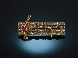 N&uuml;rnberg um 1880! Seltene Musik Noten Brosche Diamanten Rubine Gold 585