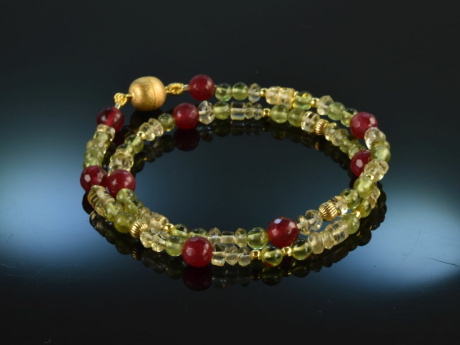 Pomegranate Kiss! Fancy Armband 2reihig Achat Lemon Citrin Peridot Silber 925 vergoldet