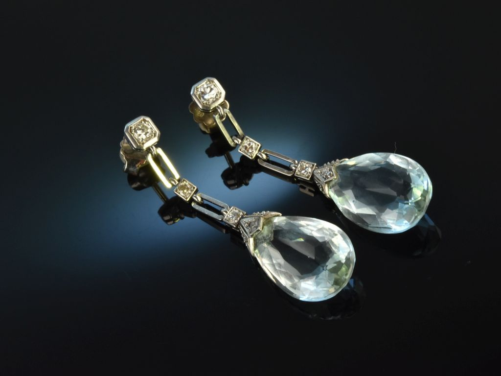 ART DECO Silber Hänge Ohrringe mit Aquamarin in Ovalschliff
