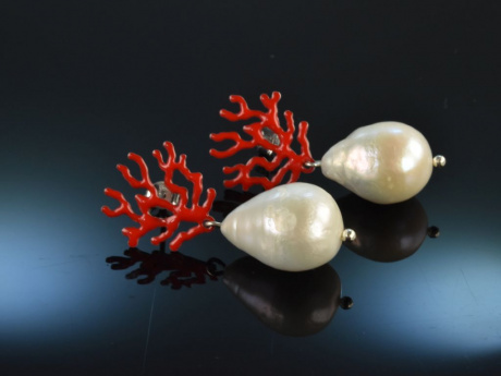 Cute Coral! Italienische Ohrringe Korallen Motiv Zuchtperlen Silber 925