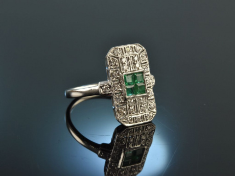 Great Gatsby! Eleganter Smaragd Diamant Ring Wei&szlig; Gold 750