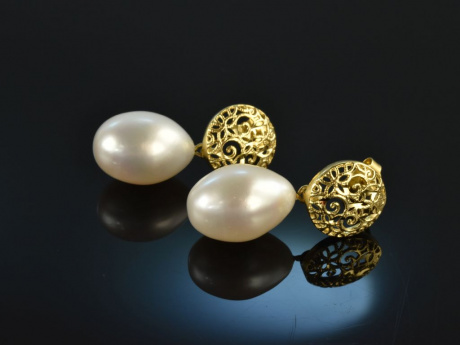 Golden Lace! Elegante Zuchtperlen Tropfen Ohrringe Silber vergoldet