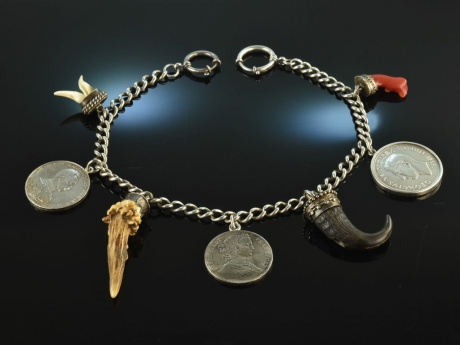 Water castle around 1950! Beautiful Charivari with pendants and coins silver 800