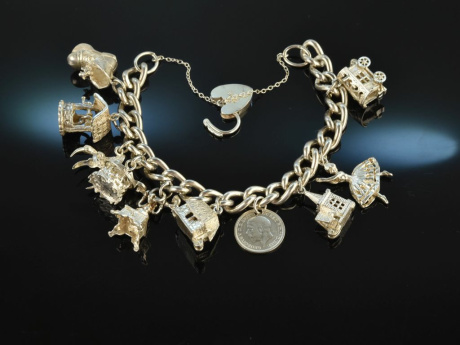 England um 1970! Klassisches Bettelarmband Silber 925 mit 10 Charms