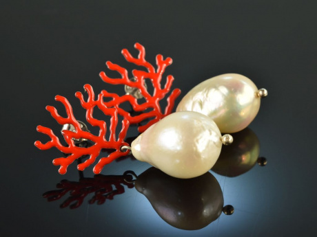 Korallen Riff! Schicke Ohrringe barocke Zuchtperlen Tropfen rotes Email Silber 925