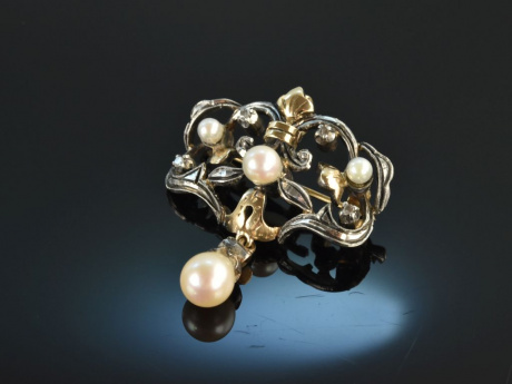 Antikstil um 1960! H&uuml;bsche Perlen Diamant Brosche Anh&auml;nger Gold 585 Silber