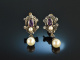 Um 1965! H&uuml;bsche Antikstil Ohrringe Amethyste Diamanten Perlen Gold 585