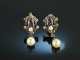 Around 1965! Pretty antique style earrings amethysts diamonds pearls gold 585