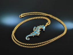 1975! Rare seahorse pendant with chain blue enamel silver...