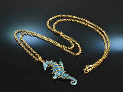 1975! Rare seahorse pendant with chain blue enamel silver...