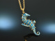 1975! Rare seahorse pendant with chain blue enamel silver gold plated