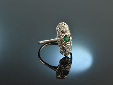 Frankfurt um 1915! Feiner Art Deco Smaragd Diamant Ring Weiß Gold 750 Platin