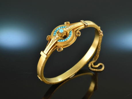 Vienna around 1870! Beautiful Biedermeier bangle seedbeads turquoise gold 585