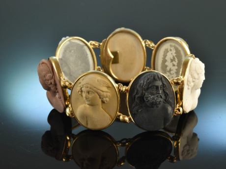 Neapel um 1860! Feines Lava Kamee Armband G&ouml;tter des Olymp Pinchbeck vergoldet