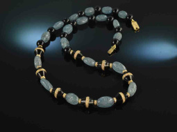 Um 1930! Edle Art Deco Kette Onyx Aquamarin Diamanten Gold 750 Email