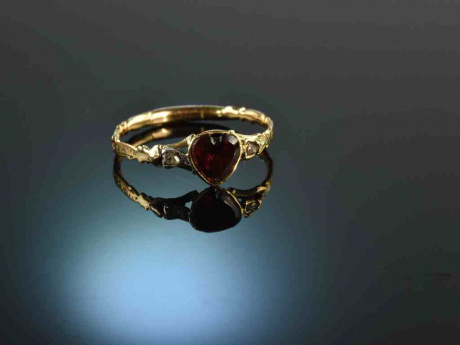 N&uuml;rnberg um 1760! Zarter Rokoko Liebes Ring Diamanten Granatherz Gold 750