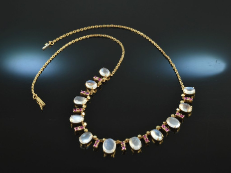 1975! Wonderful necklace Moonstones Rubies Silver Gold plated