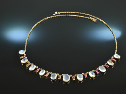 1975! Wonderful necklace Moonstones Rubies Silver Gold...