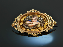 S&uuml;ddeutsch um 1860! Seltene Putto Brosche mit Etui Email Diamanten Gold 585