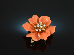 Coral Blossom! Bl&uuml;ten Brosche Anh&auml;nger Koralle Diamanten 0,7 ct Gold 750