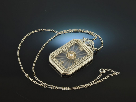 Um 1910! Wundervolles Jugendstil Collier Bergkristall Diamant Weiss Gold 585