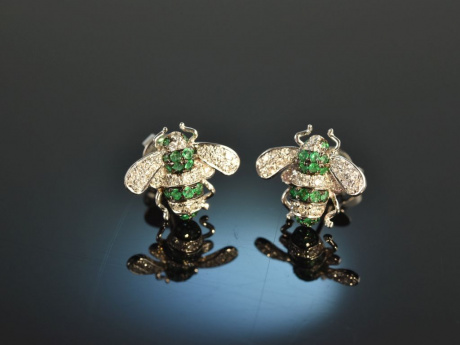 Tiny Bees! H&uuml;bsche Bienen Ohrringe Smaragde Brillanten Weiss Gold 750