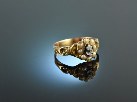 Um 1840! Historischer Biedermeier Ring mit Saatperlen und Kamee Gold 333