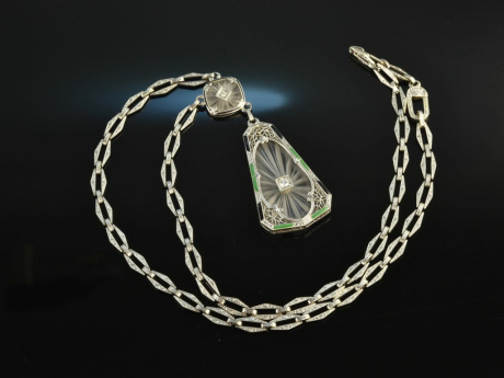 Around 1930! Dream Art Deco Necklace Diamonds Rock Crystal Enamel White Gold 585