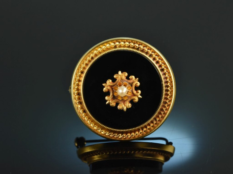 S&uuml;ddeutsch um 1850! Sch&ouml;ne Biedermeier Brosche Onyx Saatperle Gold 585