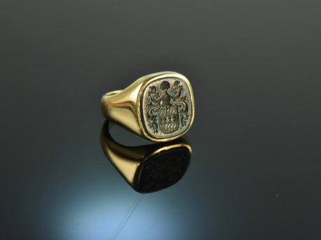 Um 1965! Klassischer Wappen Siegel Ring mit Gravur Blutjaspis Gold 585