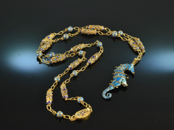 Around 1965! Pretty seahorse pendant with chain blue...