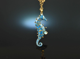 Around 1965! Pretty seahorse pendant with chain blue...