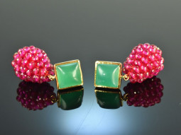 Red and Green! Schicke Tropfen Ohrringe roter und gr&uuml;ner Achat Silber vergoldet