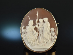 Um 1850! Historische Kamee Brosche mit Venus und Paris Gold 333