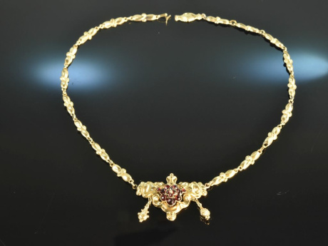 Um 1850! Sch&ouml;nes Biedermeier Collier Granate Saatperle Gold 585