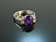 Around 1970! Beautiful Vintage Amethyst Ring Diamonds White Gold 585