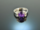 Around 1970! Beautiful Vintage Amethyst Ring Diamonds White Gold 585