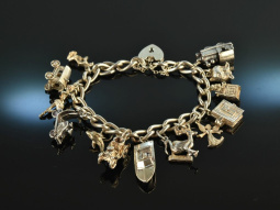 England um 1965! Sch&ouml;nes Bettelarmband 14 Charms Herzschlie&szlig;e Silber 925