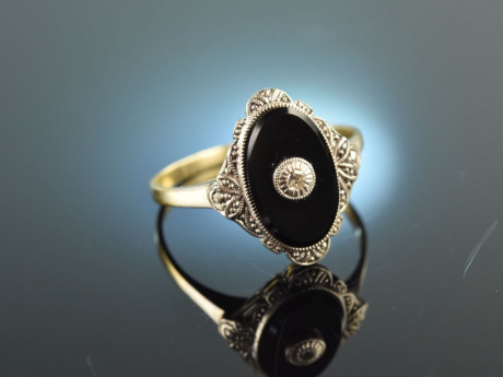 Um 1910! Art Deco Onyx Diamant Ring Gold 585 Silber