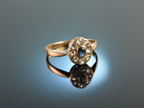 Um 1900! Zarter Freundschafts Ring Diamant Rosen Saphir Gold 333