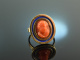 Around 1990! Goldsmith ring with historical coral cameo and enamel gold 585