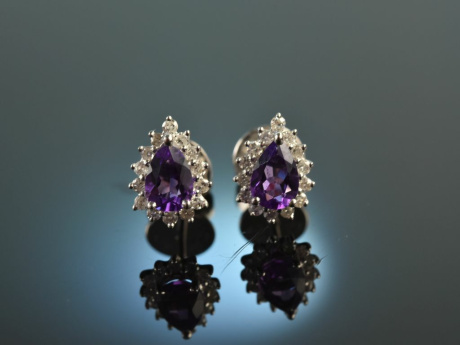 Vivid Violet! Sch&ouml;ne Amethyst Ohrstecker Brillanten Wei&szlig; Gold 750