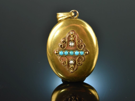 Vienna around 1890! Beautiful medallion pendant seed pearls turquoise gold 585
