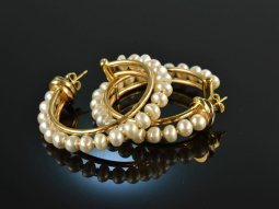 Around 1995! Chic Large Creoles Cultured Pearls Gold 750