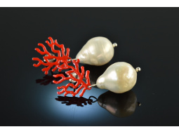 Korallen Riff! Schicke Ohrringe barocke Zuchtperlen Tropfen rotes Emaille Silber 925