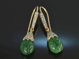 Um 1920! Seltene Art Deco Ohrringe Jade Diamanten Gold 585 Silber