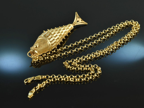 Around 1960! Filigree link fish pendant with chain silver 925 gold plated