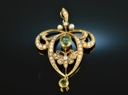 London um 1905! Jugendstil Anh&auml;nger Peridot Saatperlen Gold 375